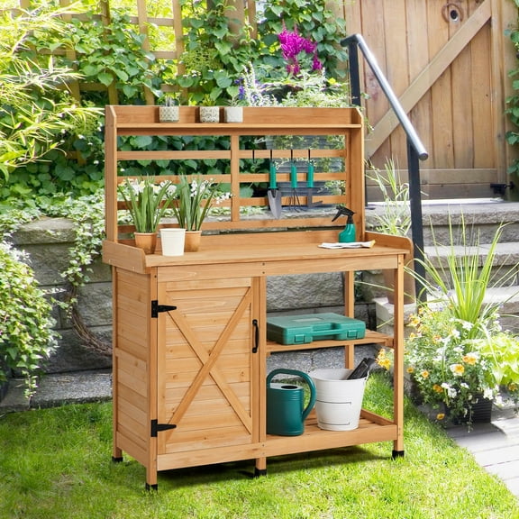 Outdoor Potting Bench, Large Horticulture Work Table Workstation with Storage Cabinet Shelf & Planting Working Console