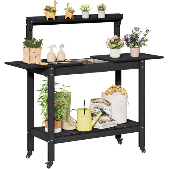 Outdoor Potting Bench with Sliding Tabletop, 4 Wheels, Removable Sink, All-Weather Outside Garden Work Table, No Rust/Fade/Break, Potting Station for Porch, Patio & Backyard (Black)