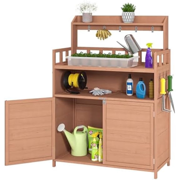 Outdoor Potting Bench with Storage Cabinet & Top Shelf - Solid Fir Wood Garden Planting Workstation, Waterproof Workbench for Gardening, Patio, and BBQ$$Garden & Patio