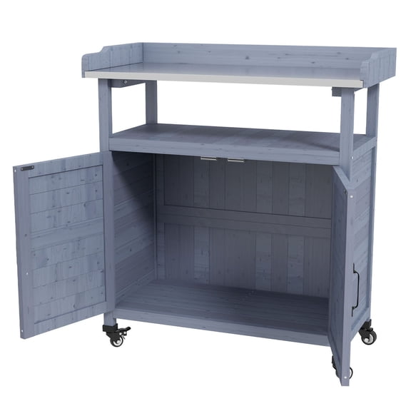 Outdoor Potting Bench with Storage - Wooden Garden Workstation - Aluminum Tabletop - Rolling Plant Table - Backyard Patio Furniture - Gray