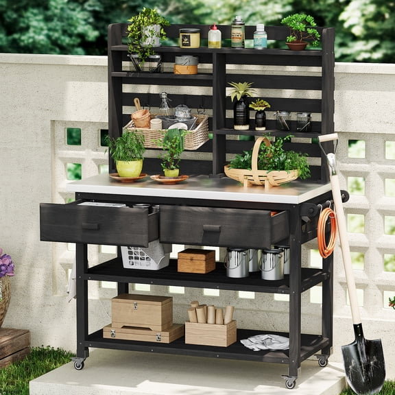 Outdoor Potting Bench Table 64.9 Inch H, Solid Wood Kitchen Station with Lockable Wheels for Grilling, Black