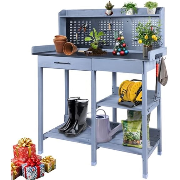 Outdoor Potting Bench Table,Garden Work Bench Metal Tabletop Horticulture with Shelf Rack Wooden Potting Benches for Outside with Holey Board/Hooks/Pads/Drawer/Adjustable and Cabinet,Gray