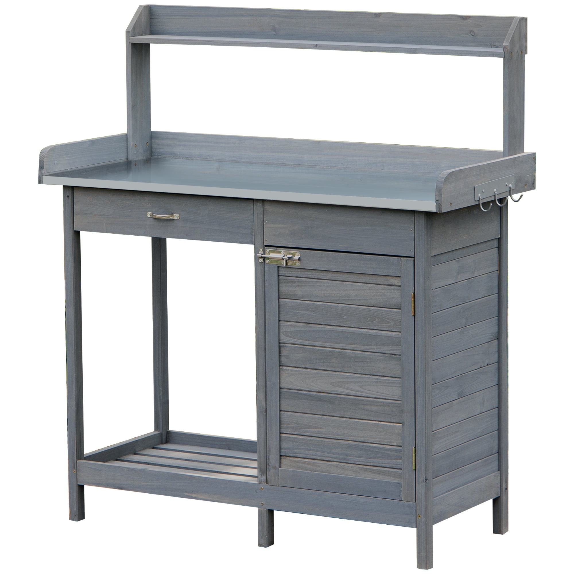 Outdoor Potting Bench Table, Garden Work Station with Storage Cabinet, Open Shelf and Steel Tabletop, Gray