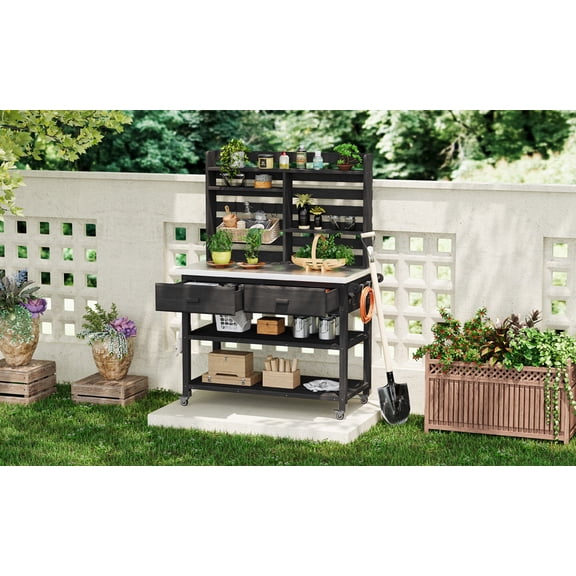 Outdoor Potting Bench Table with Lockable Wheels, 400 lbs Capacity Stainless Steel Top, Solid Wood Hutch with Propane Tank Rack for Backyard Grilling and Gardening