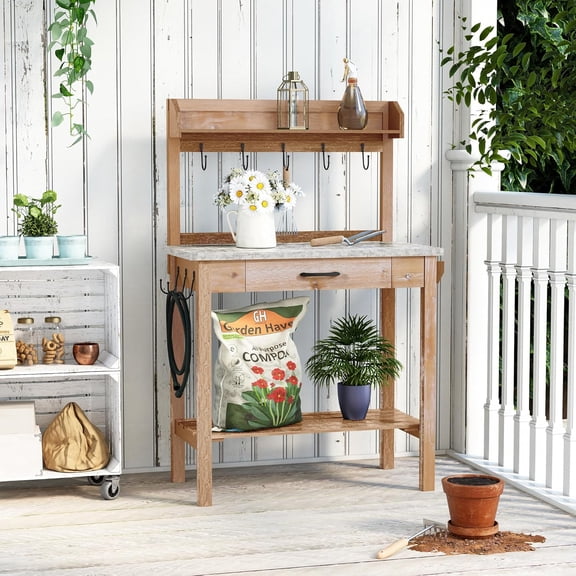 Outdoor Potting Bench Table with Metal Tabletop, Planting Table Potting Work Station with Storage Drawer and Removable Shelf Rack, Garden Potting Table for Outdoors Natural