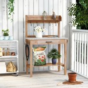Outdoor Potting Bench Table with Metal Tabletop, Planting Table Potting Work Station with Storage Drawer and Removable Shelf Rack, Garden Potting Table for Outdoors Natural
