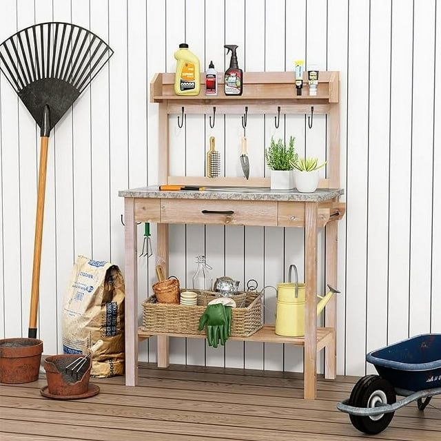 Outdoor Potting Bench Table with Metal Tabletop, Planting Table Potting