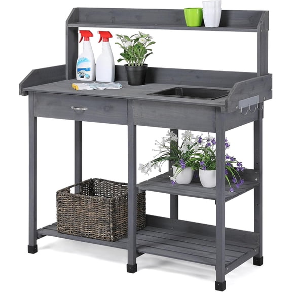 Outdoor Potting Bench Table Potters Benches Garden Workstation for Horticulture with Drawer/Adjustable Shelf Rack/Removable Sink/Hooks/Pads, Gray