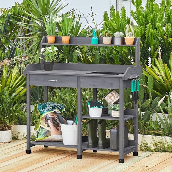 Outdoor Potting Bench Table Potters Benches Garden Workstation for Horticulture with Drawer/Adjustable Shelf Rack/Removable Sink/Hooks/Pads, Gray