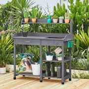 Outdoor Potting Bench Table Potters Benches Garden Workstation for Horticulture with Drawer/Adjustable Shelf Rack/Removable Sink/Hooks/Pads, Gray