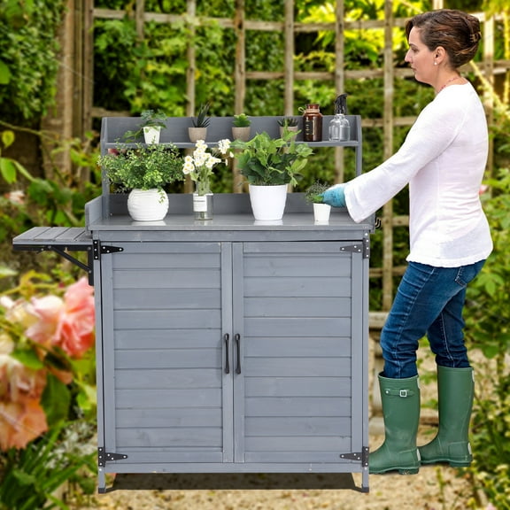 Outdoor Potting Bench Table with Storage Cabinet, Wooden Planting Workstation, Galvanized Tabletop, Storage Shelf & Cover, Ideal for Garden, Patio, Greenhouse