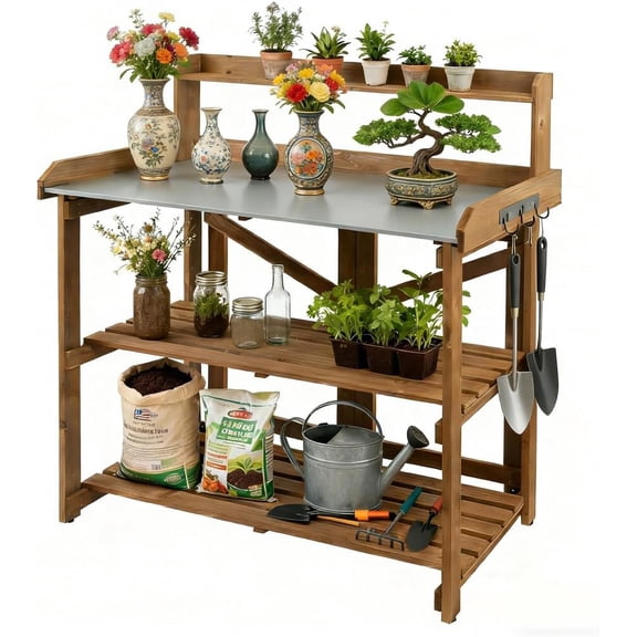 Outdoor Potting Bench Table, Wooden Garden Work Station with Metal Table Top, Metal Hooks, Large 2 Shelves, Easy Assembly