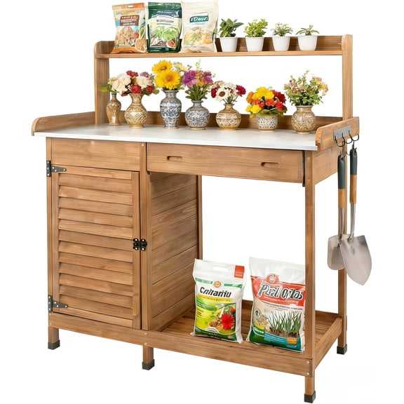 Outdoor Potting Bench Table, Wooden Weatherproof Garden Work Station with Sliding Drawer, Metal Table Top, Metal Hooks, Large Bottom Shelf, Open Shelf, Tool Hooks