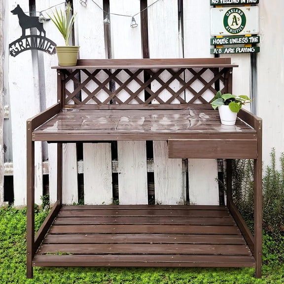 Outdoor Potting Bench, Wooden Garden Workstation Table w/Drawer, Open Shelf, Lower Storage- Extra PVC Layer