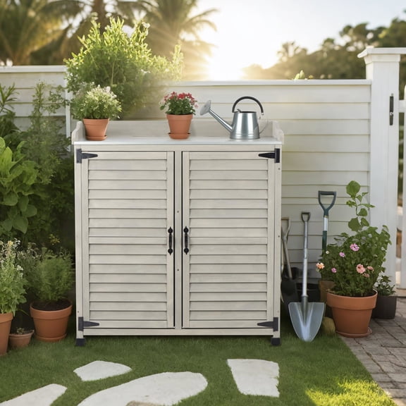 Outdoor Potting Bench with Metal Top, Waterproof Garden Storage Cabinet, Wooden Tool Shed for Backyard, Patio, Lawn Gardening