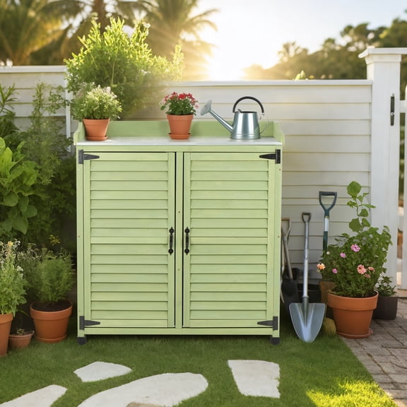 Outdoor Potting Bench with Metal Work Top - Waterproof Garden Storage Cabinet, Wooden Tool Station Shed for Backyard, Patio, Lawn Gardening