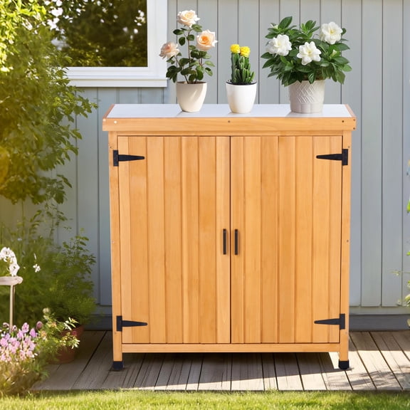 Outdoor Potting Bench with Metal Work Top - Waterproof Garden Storage Cabinet, Wooden Tool Station Shed for Backyard, Patio, Lawn Gardening