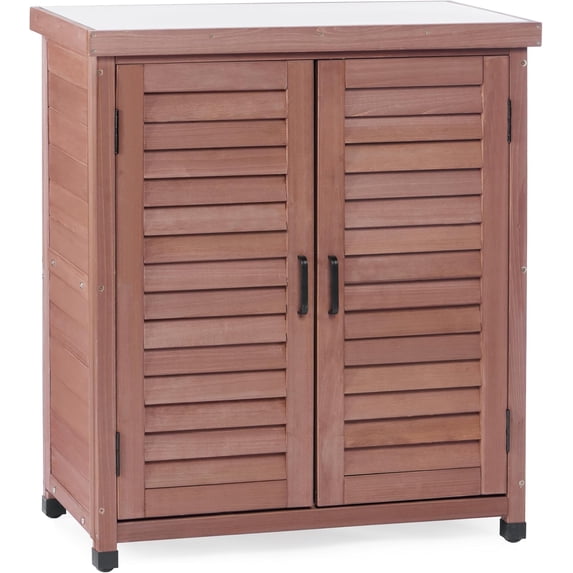 Outdoor Potting Bench with Storage Cabinet and Metal Top, Wood Workstation for Outdoor Patio, Garden (Dark Brown, 31x17x36‘’)