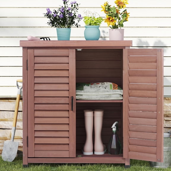 Outdoor Potting Bench with Storage Cabinet and Metal Top, Wood Workstation for Outdoor Patio, Garden
