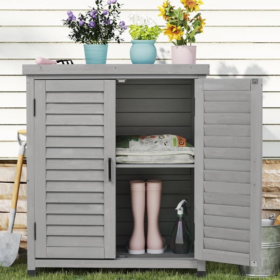 Outdoor Potting Bench with Storage Cabinet and Metal Top, Wood Workstation for Outdoor Patio, Garden