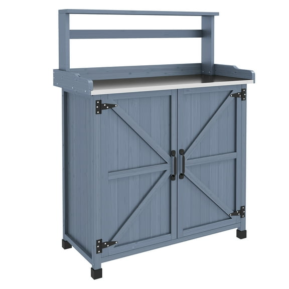 Outdoor Potting Table with Storage - Garden Work Station - Wooden Potting Bench with Cabinet & Shelves - Backyard, Balcony - Gray