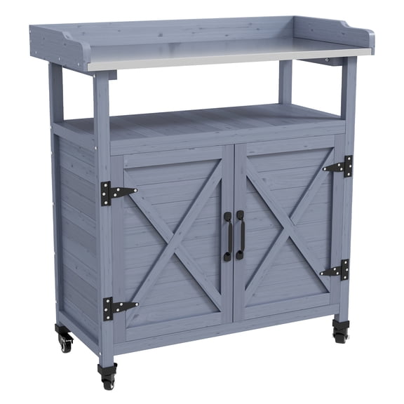 Outdoor Potting Table with Storage - Wooden Garden Workstation - Aluminum Top - Rolling Plant Table - Backyard Patio Balcony - Gray