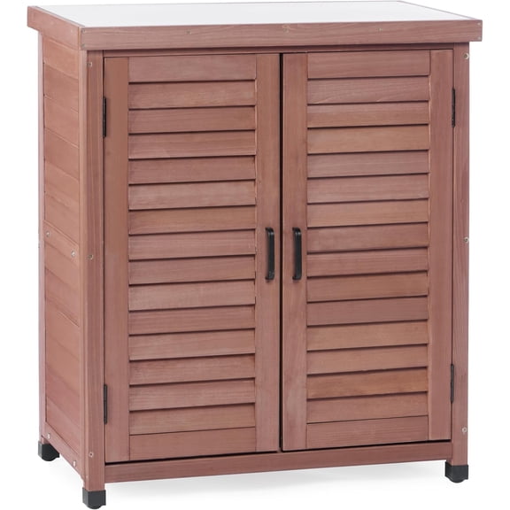 Outdoor Potting with Storage Cabinet and Metal Top, Wood Workstation for Outdoor Patio, Garden (Dark , 31x17x36‘’)