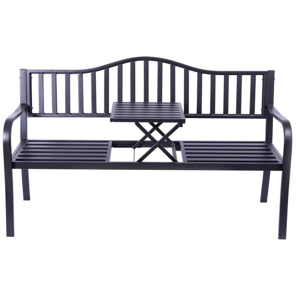Outdoor Powder Coated Steel Park Bench, Garden Bench with Pop Up Middle Table, Lawn Decor Seating Bench for Yard, Patio, Sansujyuku sansujyuku.com