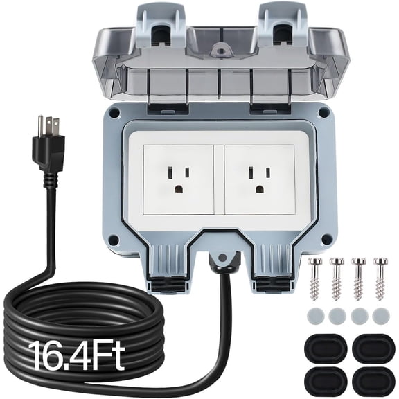 Outdoor Power Outlet Box with 16.4Ft Extension Cord, NEMA 5-15R, STW 14 AWG, Weatherproof Waterproof IP66 Electrical Outlet Extender, Exterior Wall Power Socket w/Cover for Garden