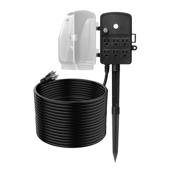 Outdoor Power Stake 100 FT Extension Cord Weatherproof Power Strip with Cover Overload Protection 6 Outlets 13A 1625W Waterproof Multi Outlet Yard Stake for Christmas Lights