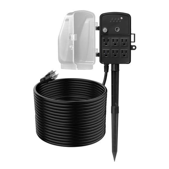 Outdoor Power Stake, 100FT Extension Cord, Outdoor Power Strip Weatherproof with Cover, Remote Control Dusk to Dawn Light Timer Waterproof, 6 Outlets, 1625W/13A, for Christmas Lights, Garden