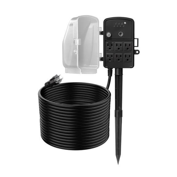 Outdoor Power Stake, 100FT Extension Cord, Outdoor Power Strip Weatherproof with Cover, Remote Control Dusk to Dawn Light Timer Waterproof, 6 Outlets, 1625W/13A, for Christmas Lights, Garden