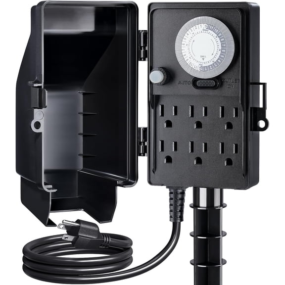 Outdoor Power Stake, 24-Hour Mechanical Light Timer, Electrical Power Strip Weatherproof, 6FT Extension Cord Multiple Outlets Plug for Patio Lights, Halloween Decorations. Outdoor Light