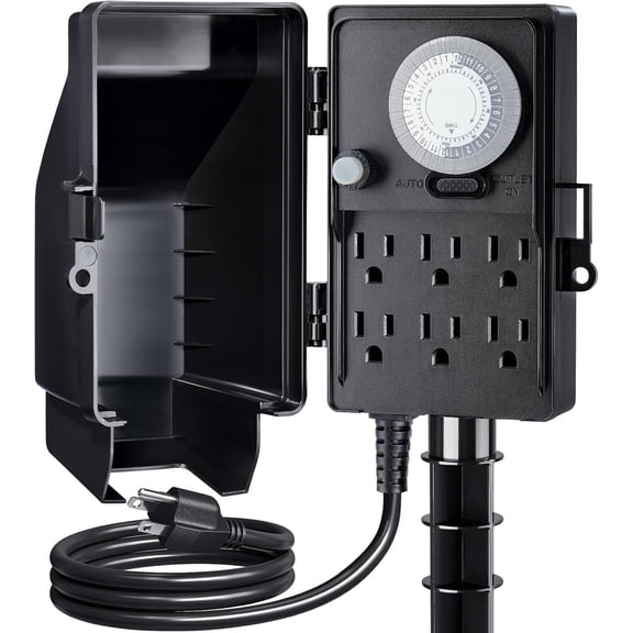 Outdoor Power Stake, 24-Hour Mechanical Light Timer, Electrical Power Strip Weatherproof, 6FT Extension Cord Multiple Outlets Plug for Patio Lights, Halloween Decorations. Outdoor Light