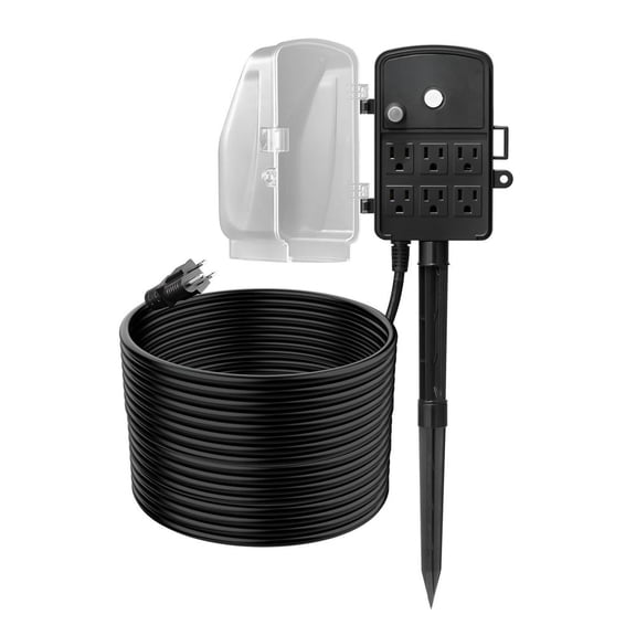 Outdoor Power Stake, 50 FT Extension Cord, Outdoor Power Strip Weatherproof with Cover and Overload Protection, 6 Outlets, 15A/1875W, Waterproof Multi-Outlet Yard Stake for Christmas Lights