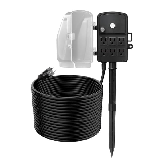 Outdoor Power Stake 50 FT Extension Cord Weatherproof with Cover Overload Protection 6 Outlets 15A 1875W Waterproof Multi Outlet Yard Stake for Christmas Lights