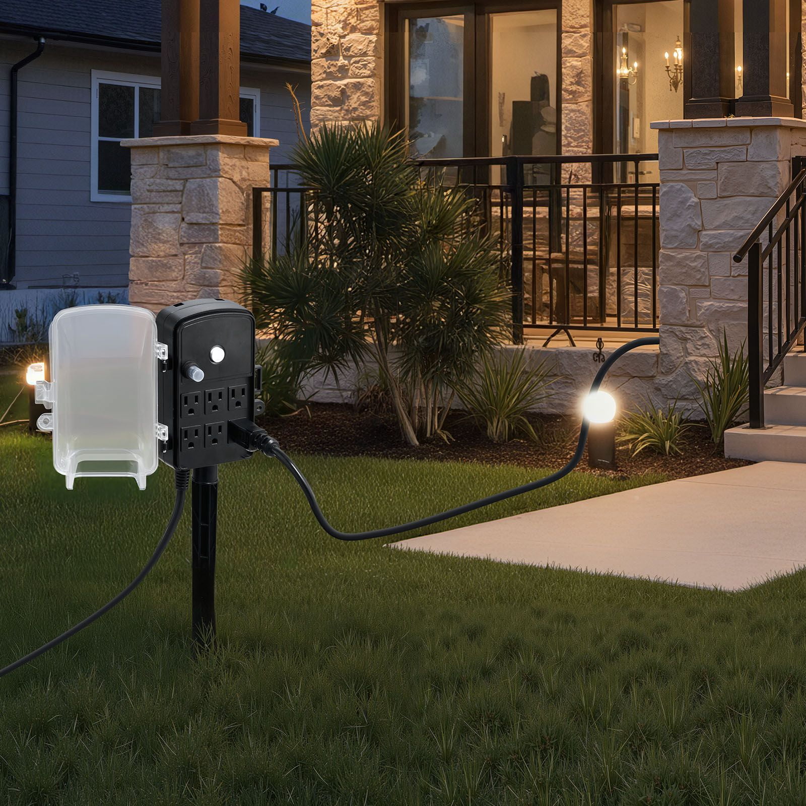 Outdoor Power Stake, 6 Outlets, 15A/1875W, 50 ft Extension Cord, 14AWG SJTW Cable, Waterproof Cover, Overload Protection, for Patio, Garden & Holiday Lighting