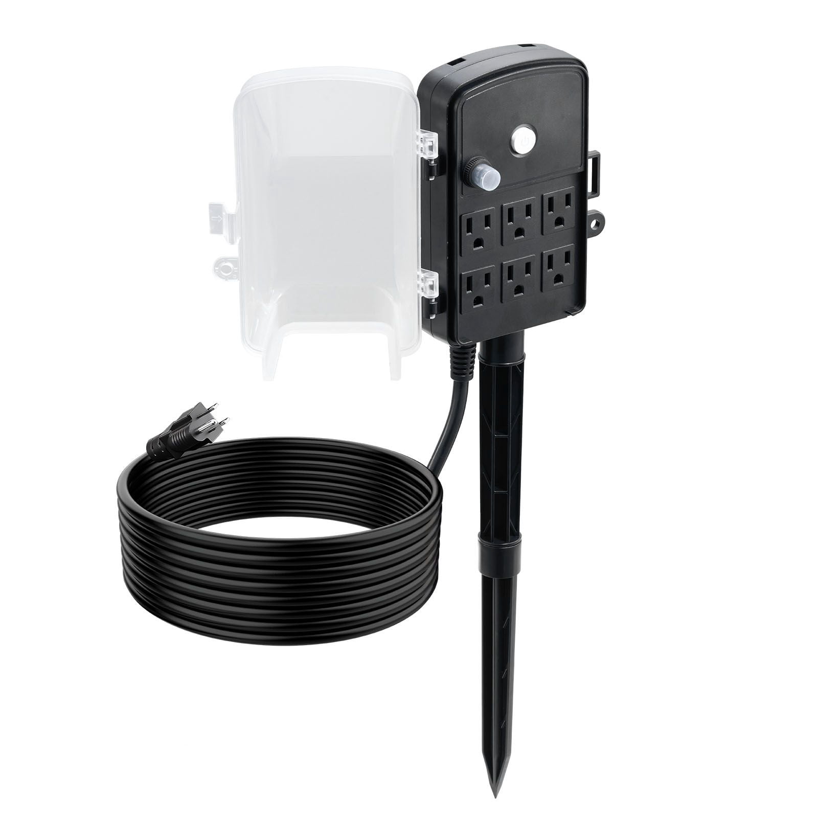 Outdoor Power Stake 6 Outlets, 15ft Extension Cord 14AWG/3C, 15A/1875W Capacity, Weather-Resistant PC Housing, Stake or Wall Mount for Patio Garden Holiday Decor