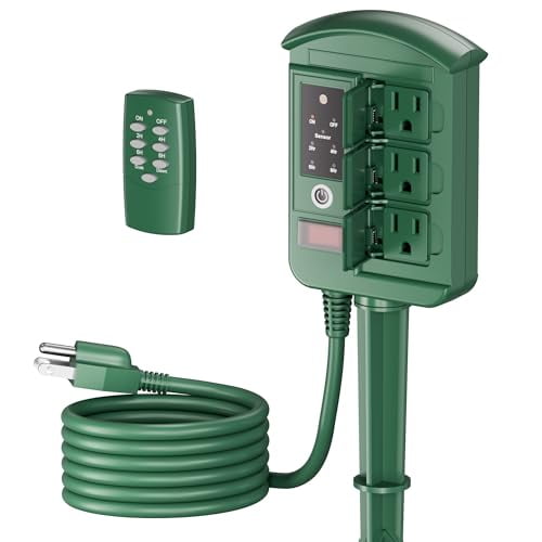 Outdoor Power Stake with Dusk to Dawn Timer, Waterproof 6 Grounded Outlets, 6FT Cord, 100FT Remote Control, Heavy Duty Outdoor Plug for Christmas Lights, Yard, Garden, ETL Listed