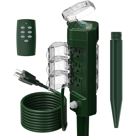 Outdoor Power Stake Light Timer Waterproof, Wireless Remote Control, Yard Stake Countdown Timer2, 4, 6, 8 Hour, 6 Outlets, Dusk to Dawn for Lights and Garden Courtyard Decoration
