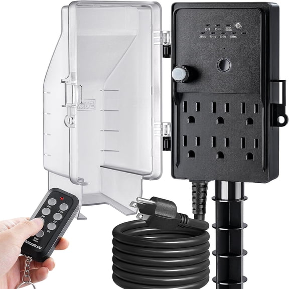 Outdoor Power Stake Timer Waterproof, 100FT Wireless Remote Control, Photocell Dusk to Dawn Timer, 6 Electrical Outlets, 6FT Exteon Cord, for Halloween Decoration, Outdoor Lights, Garden