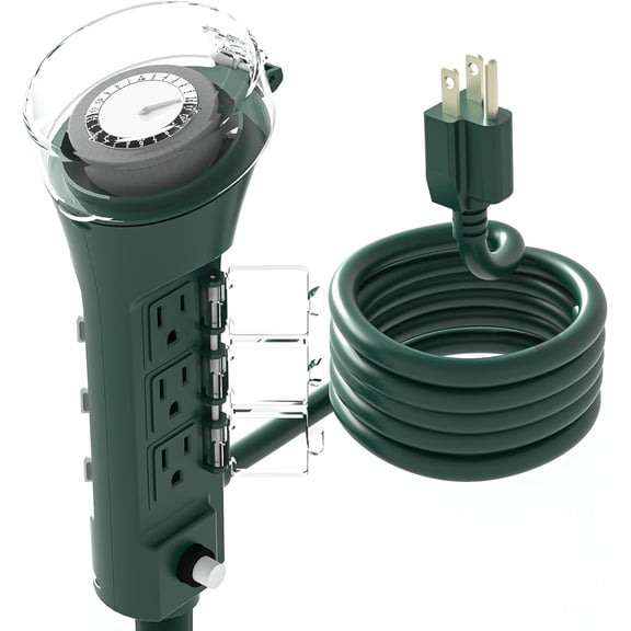 Outdoor Power Stake Timer with Mechanical, 6 Grounded Outlets - 6 ft Cord, Weatherproof for Outdoor Lamps Lights 1875W/15A ETL Listed