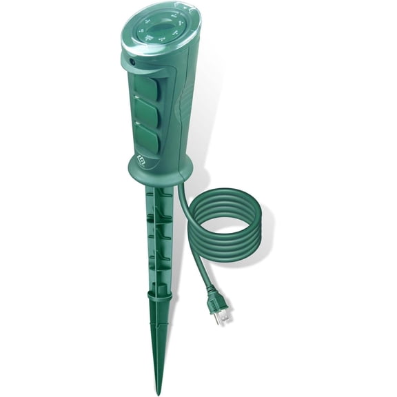Outdoor Power Stake with Photocell Timer 2/4/6/8 Hour Countdown, Dusk to , 3 Grounded Outlets 6FT Cord, UL Listed, Green