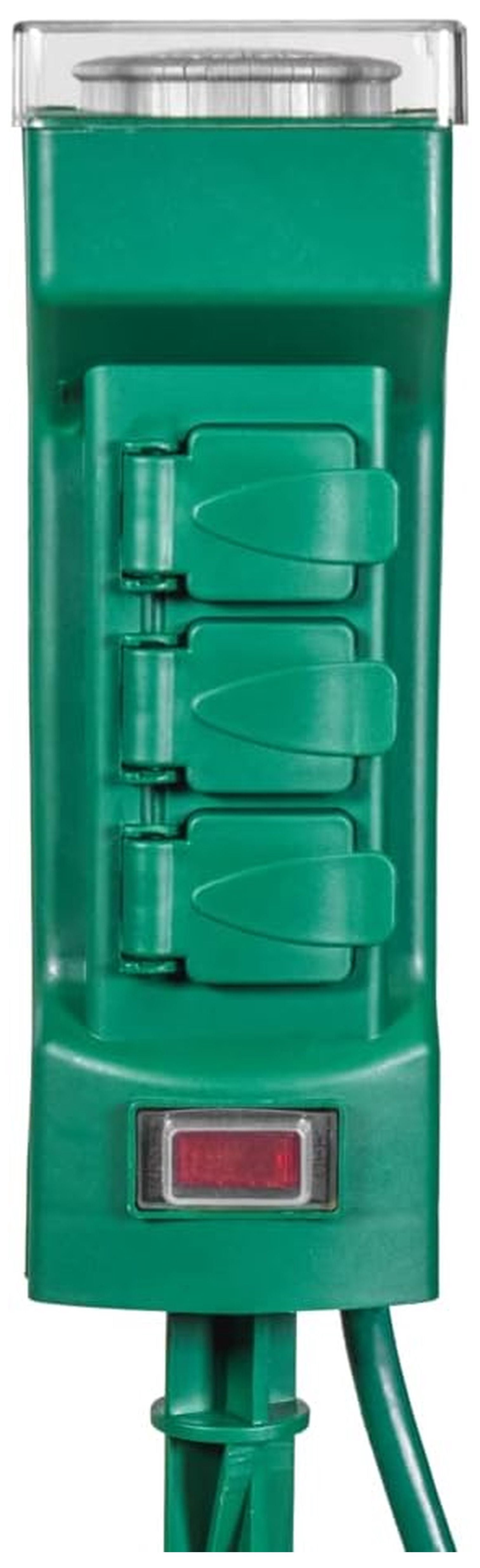 Outdoor Power Stake with Timer - 6 Outlet Grounded Extension Cord - 6ft - Green