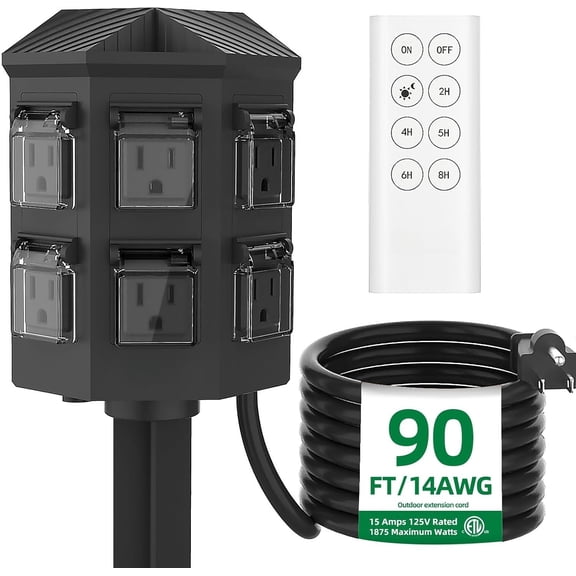 Outdoor Power Strip with 90FT Extension Cord, 100FT Remote Control, Dusk to  Light Timer , 6 Grounded Outlets for Yard, Pool and Garden, ETL Listed (90 FT)