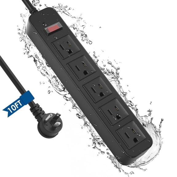 VILONG Outdoor Power Strip Surge Protector Waterproof with 5 Outlet, 10 Foot Extension Cords, 45°Flat Plug, ETL Listed