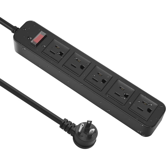 Outdoor Power Strip Waterproof with 5 Outlets, Garden Weatherproof Sur Protector, Christmas Multiple Outlet Exterior Socket for Lighting Appliances. 5FT Extension Cord Flat Plug. Black