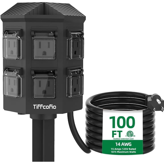 Outdoor Power Strip Weatherproof 100 FT Extension Cord with Stake 6 Grounded Outlets for Lights 15A/1875W ETL Listed