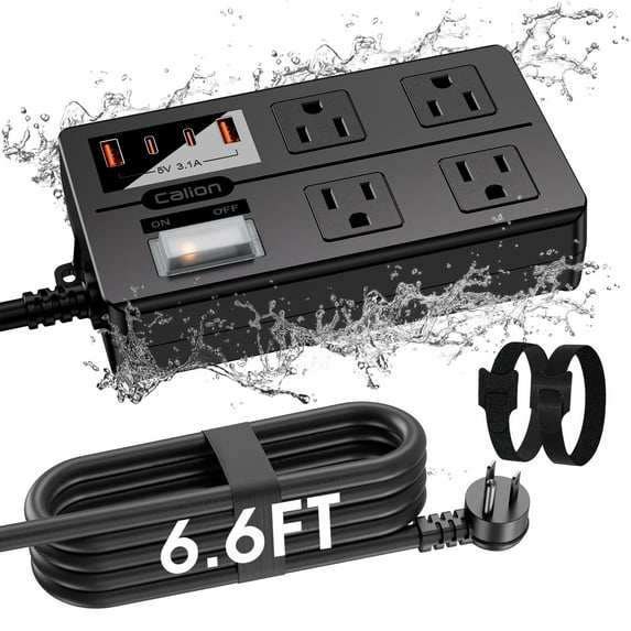 Outdoor Power Strip Weatherproof, 6.6 F Long Extension Cord Multi Plug Outlets, Outlets-4 AC,4 USB Ports,Overload Protection Outdoor Surge Protector for Patio, Lawn,Garden,and Dorm Room.