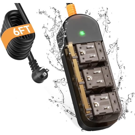 Outdoor Power Strip Weatherproof 6 FT Outdoor Extension Cord Waterproof Surge Protector Power Strip, 3 AC Outlets, 1625W - for Camping, Home, Office, Garden, Dorm, FCC UL Listed